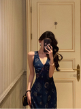Vintage A line V Neckline Navy Blue Chiffon 18th Birthday Dress Party Gown Birthday Outfits For Women HZ1214