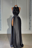 Niulatu Long Evening Dress Satin Halter With High Slit Pleated HZ1007