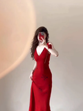 Niulatu Sheath Straps Red Satin Long Prom Dresses Birthday Outfits SD512
