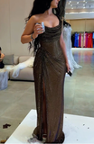 Niulatu One Shoulder Tulle Sequin Side Slit Long Prom Dress Evening Dress HZ1007