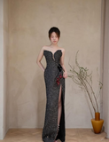 Niulatu Black Strapless Slit Mermaid Prom Dress Sequin Beaded Long Evening Dress HZ1007