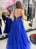 Niulatu A-line Tulle Appliques Prom Dress Blue Evening Dress HZ1007