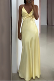 Niulatu Yellow V Neck Satin A Line Prom Dress Evening Dress HZ1007