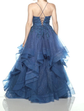Niulatu Blue V-neck Tulle Appliques Sequins Long Prom Dress Spaghetti Strap Evening Dress HZ1007