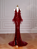 Niulatu Burgundy Sequins Halter V Neck Evening Dress Backless Mermaid Evening Dress HZ1007