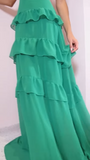 Niulatu Green Deep V Neck Layered Ruffles Evening Dress Backless Long Prom Dress HZ1007