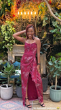 Niulatu Printed Corset Front-Slit Satin Prom Dress Formal Evening Dress HZ1007