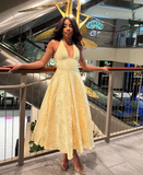 Niulatu Halter Deep V Evening Dress Yellow Satin Print Prom Dress HZ1007