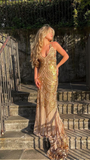 Niulatu Mermaid Golden Sequin Long Sweep Open Back Prom Dress Evening Dress HZ0113
