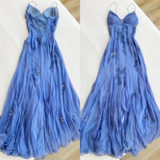 Niulatu Spaghetti Straps Blue Chiffon Long Prom Dress Party Evening Dress HZ1007