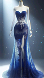 Niulatu Strapless Lace Beaded Mermaid prom Dress Blue Long Slit Evening Dress HZ1007