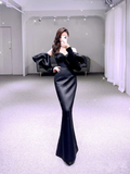 Niulatu Mermaid Black Prom Dress Satin Long Evening Dress HZ1007