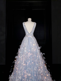 Niulatu V Neck Tulle Beaded Feathers A Line Prom Dress Evening Dress HZ1007