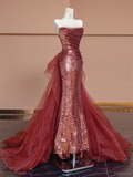 Niulatu Mermaid Strapless Red Sequin Tulle Long Prom Dress Party Dress HZ0113