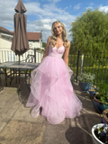 Niulatu Pink Tulle Tiered A Line Prom Dress Straps Evening Gown HZ1007