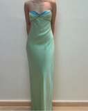 Niulatu Spaghetti Straps Green Satin Beaded Prom Evening Dress HZ1007