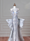 Niulatu Silver Sequin 3D Beaded Mermaid Evening Dress Long Prom Dress With Bow HZ1007