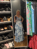 Niulatu Blue Sleeveless V-Neck Lace Ruffle Tiered Evening Dress Formal Prom Dress HZ1007