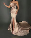 Niulatu Strapless Satin Beaded Mermaid Slit Evening Dress Long Prom Dress HZ1007