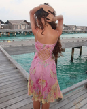 Niulatu Pink Satin Print Midi Prom Dress Straps Evening Dress HZ1007