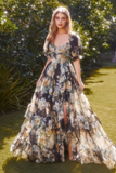 Niulatu Chiffon Print Floral Ruffles Evening Dress Slit Prom Dress HZ1007