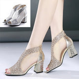 Niulatu Women's Sandals Rhinestone High Heels Fashion Women's Shoes Ladies Open Toe Sandals Casual Platform Fish Mouth Shoes DJSE