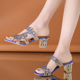 Niulatu 2025 Rhinestone Slippers Ladies Chunky Heels Hollow Casual Slippers Fashion Beach Shoes Woman Sandalias De Mujer DJSE