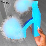 Niulatu college Women Sandals Fluffy High Heels Summer Fur Shoes 2025 Casual Ankle Buckle Fashion Shoes Non-Slip Outside Sandals Big Size 43 DJSE