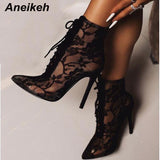 Niulatu 2025 New Mature Mesh Women Boots Floral Lace-Up Thin High Heels Ankle Pointed Toed Party Wedding Shoes Black Size DJSE