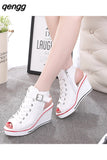 Niulatu Women's Height Increasing Platform Canvas Fish Mouth Shoes Open Toe Hollow Canvas Wedge Shoes Zapatos Para Mujer DJSE