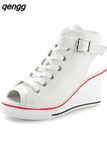 Niulatu Women's Height Increasing Platform Canvas Fish Mouth Shoes Open Toe Hollow Canvas Wedge Shoes Zapatos Para Mujer DJSE