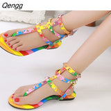 Niulatu Women Rainbow Color Rivet Sandals 2025 New Women Shoes Peep Toe Rainbow Shoes Woman Gladiator Sandals Ankle Strap Flats DJSE
