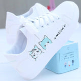 Niulatu 2025 New Fashion Lace-up Women Sneakers Woman Casual Shoes Printed Summer Women's Pu Shoes Cute Cat Canvas White Shoe DJSE