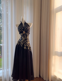 Niulatu Black Halter Satin Print Floral Sequins Evening Dress Long ALine Prom Dress HZ1007