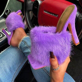 Niulatu Fur Slippers Woman Fashion Feather High Heels Woman Square Toe Mules Lady Slides Shoes Plus Size New Size 43 DJSE