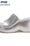 Niulatu Sandals For Women Wedge Slingback Fashion Metallic Glitter Open Toe Slipper Shoes Summer Casual Slip On Sandals DJSE