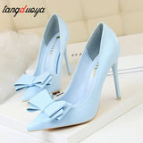 Niulatu Shoes Pink Heels Woman Blue Sweet Bow Women White High Heels Matte Leather Pumps Thin Heel Pointed Ladies high heels DJSE