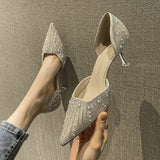 Niulatu Women Two-Piece Shoes Thin High Heels Pointed Toe Pumps Elegant String Bead Crystal Party Ladies Footwear Autumn Apricot DJSE