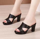Niulatu Size 32-43 High Heels Slippers Women Platform Shoes Summer 2025 Block Heel Leather Slides Ladies Office Slippers DJSE