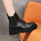 Niulatu Chunky Chelsea Boots Women Autumn Winter PU Leather Woman Shoes Lace Up Combat Botas Thick Heels Ankle Booties DJSE