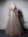 Niulatu v neck tulle lace long prom dress champagne evening dress HZ1110