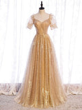 Niulatu tulle v neck long prom dress gold tulle formal dress HZ1110