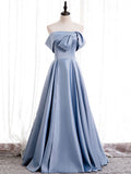 Niulatu satin of shoulder long prom dress blue evening dress HZ1110