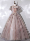 Niulatu tulle lace long prom dress pink lace prom gown HZ1110