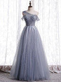 Niulatu one shoulder tulle long prom dress gray tulle evening dress HZ1110