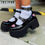 Niulatu to College Round Toe Heart Print Ankle Strap Chunky Goth Platform Women Shoes Trendy Punk Marry Janes Pumps Square Heels Street Style DJSE