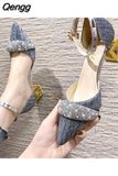 Niulatu High Heels Pumps Women Elegant Pearl Buckle Square Heels Wedding Party Shoes Ladies Pointed Toe Ankle Strap Pumps DJSE