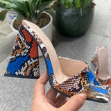 Niulatu Fashion Triangle Heel Women's Slippers High Heel Square Toe Sandals Ladies Summer Daily Muller Shoes Snake Pattern Slippers DJSE