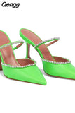 Niulatu Women's Shoes, Outer Wear Fashionable Sparkling Rhinestone Satin Wine Glass Heel Shoes, Baotou Slippers DJSE
