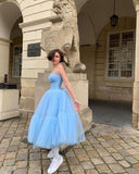 Niulatu Blue A Line Strapless Tulle Prom Dress Wedding Guest Dress Birthday Dress HZ0113